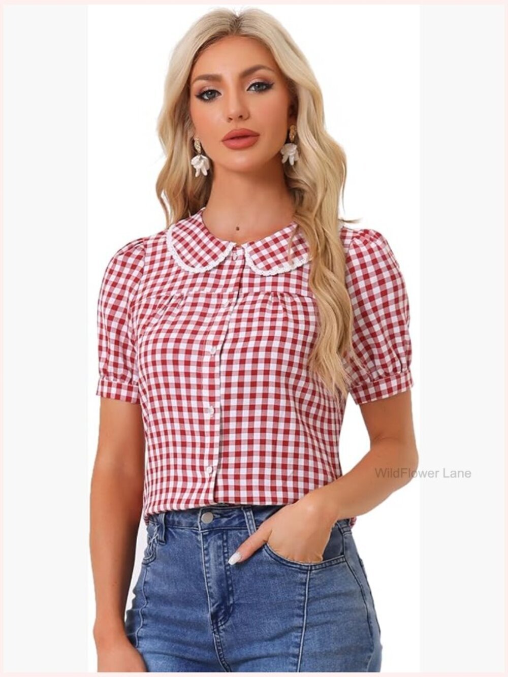 Women's Short Sleeve Button Down Gingham Plaid Blouse with Peter Pan Collar